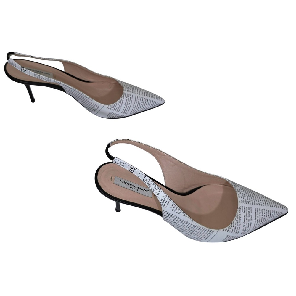 John Galliano Paris Newspaper Print Slingback Heels Womens 9.5 White Black EUC - Picture 6 of 12